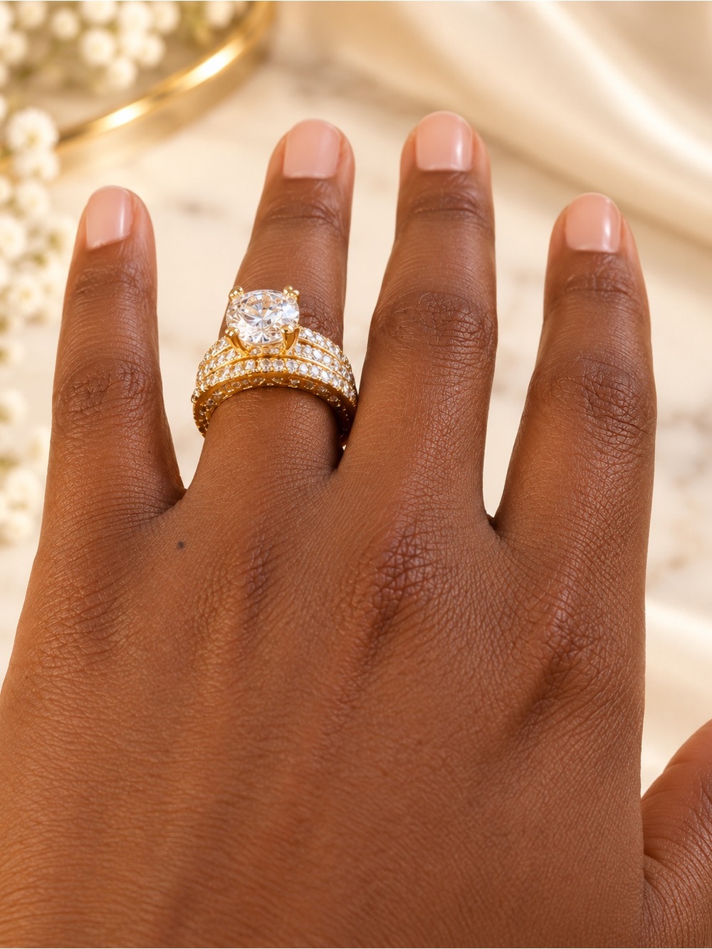 14K Gold Filled Round CZ Solitaire Ring with Eternity Band Set Size 8 Bridal